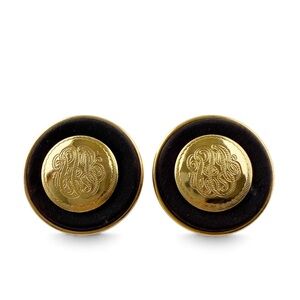 Vintage Monogram Goldtone Black Fabric Round Post Earrings